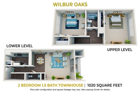 Floor plan for 2 beds, 1.5 baths, 1020 sqft